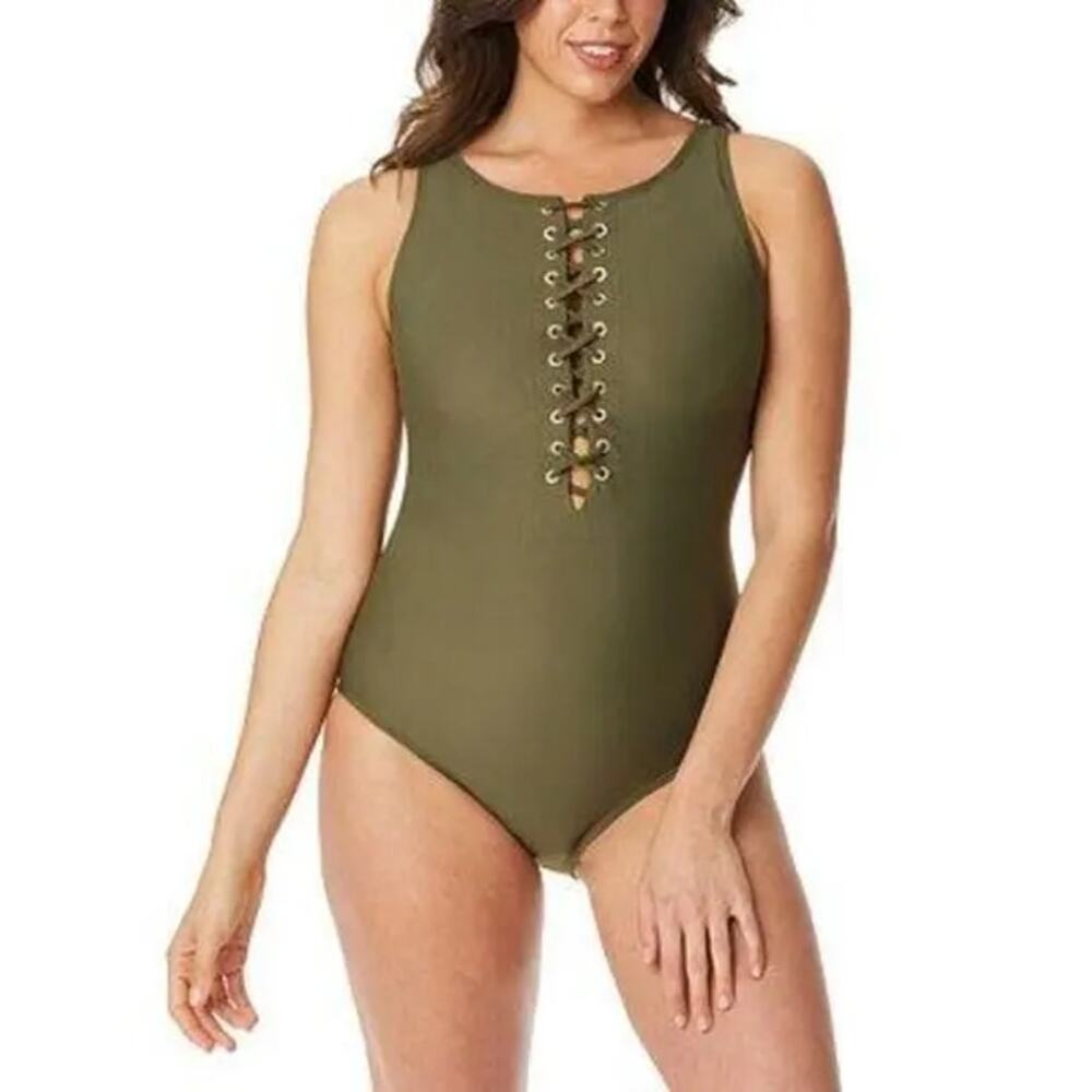 Beyond Control Solid Citizen Lace Up High Neck One Piece Swimsuit Size 10 Green